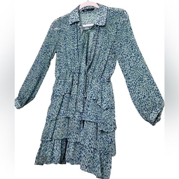 Zara Light Green Ruffled Flounces Pile Collar Floral Mini Dress Size XS - Picture 5 of 14